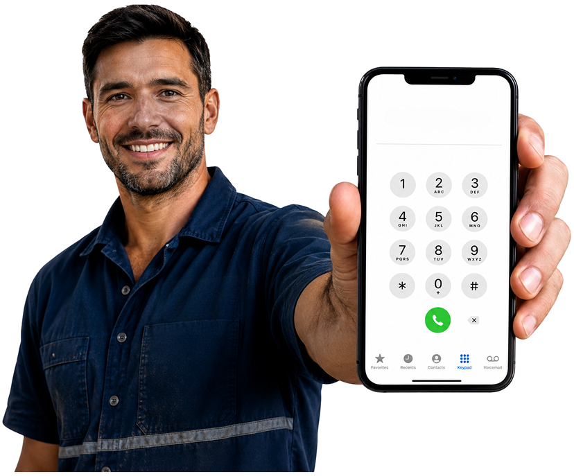 Rose Bay Blocked Drains plumber holding a phone — call 1300 261 965